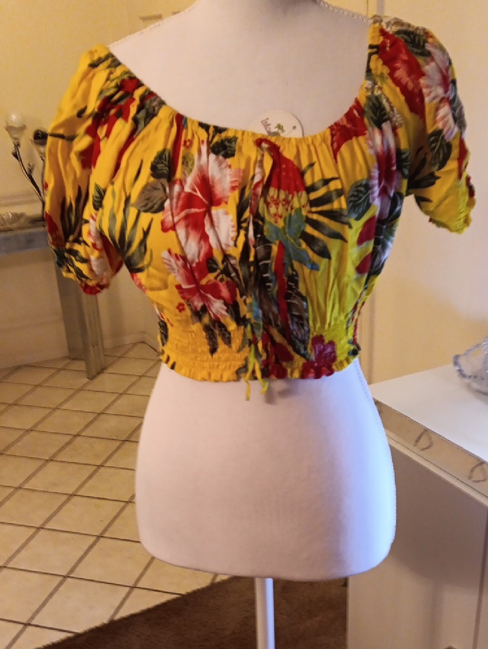 Yellow Floral Off-Shoulder Smocked Crop Top NWT